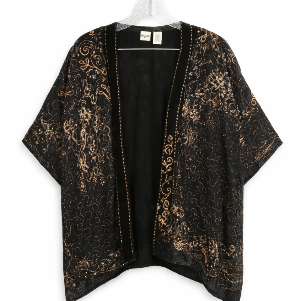 Chicos Black Gold Embellished Embroidered Asymmetrical Open Cape Cardigan